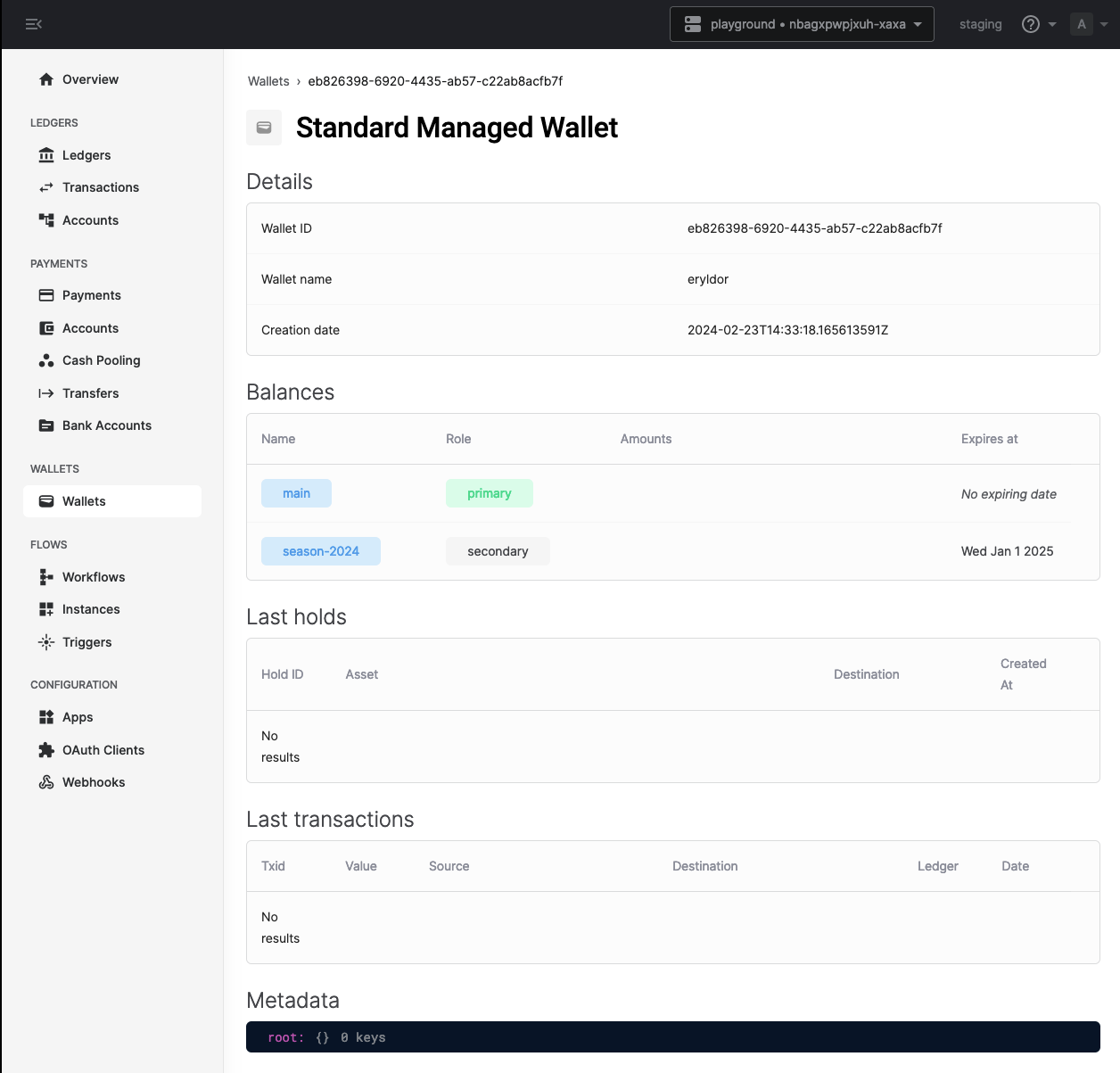 Eryldor&#39;s wallet in the Formance Console